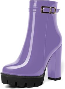 Женские ботильоны AMBELIGHT на платформе с круглым носком, однотонные, для вечеринки, с молнией, сексуальные, лакированные, массивный высокий каблук 12 см, Lavender