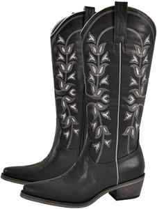 Женские ковбойские сапоги Richealnana в западном стиле с острым носком, вышивкой и застежкой-пуллоном, выше колена, Black-C