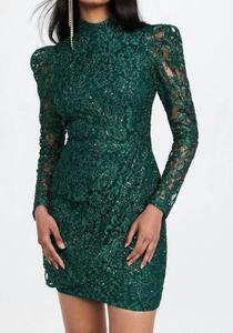 Санторини кружевное мини-платье с длинными рукавами и пайетками в джунглях Black Halo, Jungle Gem