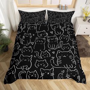 Erosebridal Комплект постельного белья Queen Size с милыми котятами Kawaii, черный, Black White