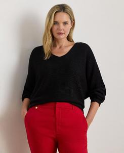 Свитер металлизированной вязки в рубчик размера плюс с рукавами летучая мышь больших размеров Lauren Ralph Lauren, Black Metallic