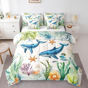 Erosebridal Комплект постельного белья Kids Whale с морскими животными и рыбами из мягкого материала, Blue Green Yellow