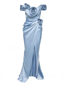 Платье макси из атласа с розами Ana Radu, синий