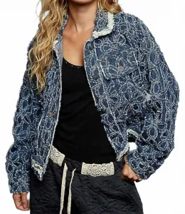 Джинсовая куртка с длинными рукавами из фактурной ткани, цвет индиго/цветочный узор Pol