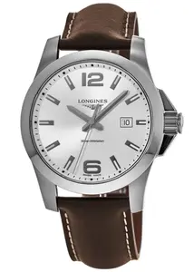 Longines Conquest 43 Серебряный циферблат Коричневый кожаный ремешок Мужские часы L3.760.4.76.5