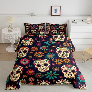Erosebridal Комплект постельного белья Hippie Skull с цветочным принтом, микрофибра, винтажные расцветки для взрослых, Beige Green Orange