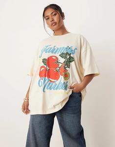 Футболка оверсайз ASOS DESIGN Curve с изображением фермерского помидора розового цвета
