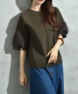 Сверхлегкий пуловер с короткими рукавами и ребристыми рукавами, украшенный перьями Interplanet, цвет Brown