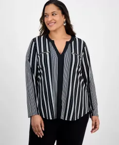 Полосатый топ с V-образным вырезом и длинными рукавами больших размеров JM Collection, мультиколор