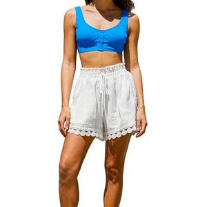 Женские пляжные шорты с кружевной отделкой, бохо, на кулиске, с высокой талией Clearflower, White