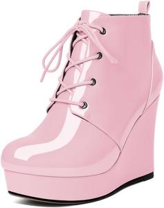 Younton Женские ботильоны на танкетке, ботинки с платформой, короткие ботильоны, с круглым носком, шнуровкой, на танкетке, сапоги, 10,2 см, теплые нарядные ботинки для вечеринок, вечерняя обувь