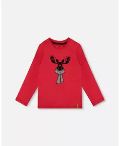 Футболка для мальчиков, вишнево-красная с изображением лося – для малышей|детей Deux par Deux, красный