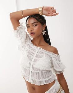 Пляжный прозрачный топ Miss Selfridge с гофрированной юбкой и застежкой на пуговицы кремового цвета