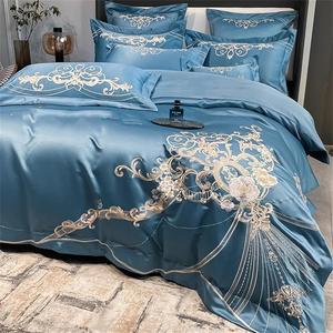 Alloaone Комплект постельного белья махровый хлопковый с вышивкой саржевое переплетение 200 тс Blue