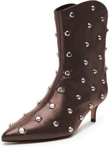 Женские стильные ботильоны FOWT с заклепками, заостренным носком, на низком каблуке, на молнии, элегантные короткие ботинки для вечеринок, размеры 4-16 US, Saddle Brown