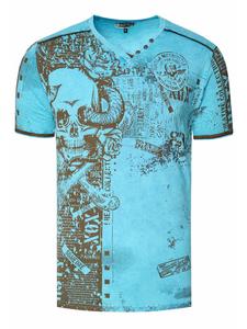Футболка с V-образным вырезом, принтом черепа и змеи по всей поверхности и замшевыми деталями бирюзового цвета. Rusty Neal