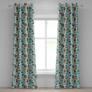 Штора на люверсах ABAKUHAUS Морские ракушки, морское искусство с рисунком аквариума, нарисованным вручную, морские коньки и морские звезды, декоративные двухпанельные шторы, 280 см x 225 см, цвет морская пена коричнево-синий Abakuhaus