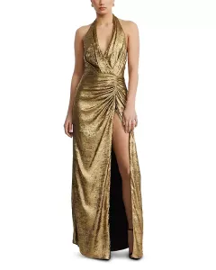 Платье с бретелькой через шею из люрекса Bcbgmaxazria, золотой