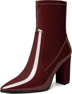 Женские ботильоны AUMOTED с блок-каблуком, массивный высокий каблук, короткие ботинки, заостренный носок, боковая молния, модные удобные ботинки для выхода, каблук 3,4 дюйма, Burgundy
