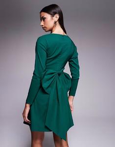 Мини-платье Bengaline с длинными рукавами и бантом на спине зеленого цвета Tfnc