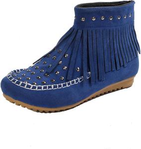 Женские классические ботильоны с бахромой и заклепками, замшевые, с кисточками, ковбойские, с круглым носком, на плоской подошве, ретро, зимние, с низким каблуком Generic, Blue