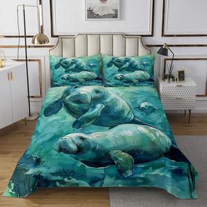 Erosebridal Комплект постельного белья Teal Manatee с мультяшными морскими животными в сине-зеленых тонах, Multi 05