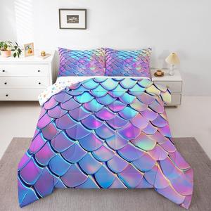 Erosebridal Комплект постельного белья Glitter Mermaid Tail с мерцающей чешуей в фантазийной фиолетовой радужной гамме для девочек, Blue,purple