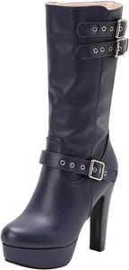 Женские платформенные ботильоны до колена с пряжкой, широкий голенище, высокая толстая подошва, круглый носок, кожаные высокие ботинки Generic, Dark Blue