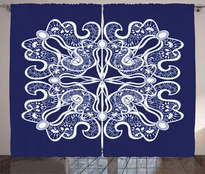 Штора ABAKUHAUS в восточном деревенском стиле, с персидским цветочным принтом, универсальная ленточная штора для гостиной с петлями и крючками, 280 x 225 см, цвет индиго и белый Abakuhaus