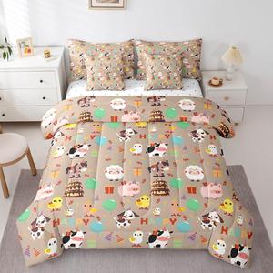 Erosebridal Комплект постельного белья Kawaii Animals с милыми животными для детей, мягкий материал, мультяшный дизайн, Brown Green