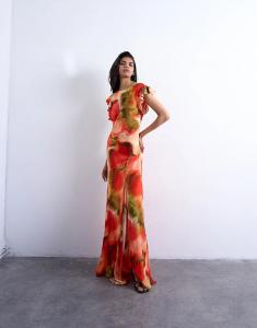 Платье макси Topshop с рукавами-фонариками и абстрактным цветочным принтом