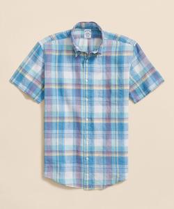 Повседневная рубашка с коротким рукавом в клетку из ирландского льна, стандартный крой.