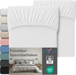 Простыня на резинке Deluxe из фланели для матрасов глубиной до 25 см - очень теплая и мягкая, 100% хлопок, не требует глажки, предварительная усадка, цвет: белый, размер: 140x200 см (комплект из 2 шт.) NYVI