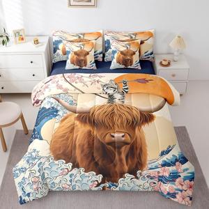 Erosebridal Комплект постельного белья Japanese Style с морскими волнами и цветущей сакурой в стиле кавай, Brown Navy Beige