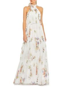 Платье А-силуэта с цветочным принтом и ярусами Mac Duggal, белый мульти