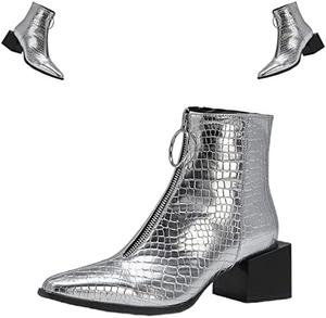 Женские ботильоны DevilAngel с передней застежкой-молнией и змеиным принтом? Осенне-зимние ботинки на низком каблуке с цветовой блокировкой под змеиную кожу., Silver