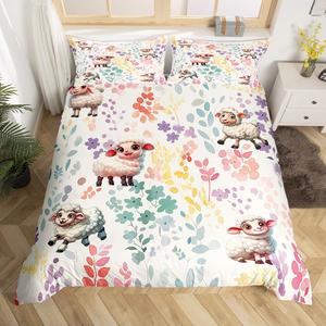Erosebridal Комплект постельного белья Kawaii Sheep с милыми овцами и цветочным принтом в стиле акварель для детей, White Purple