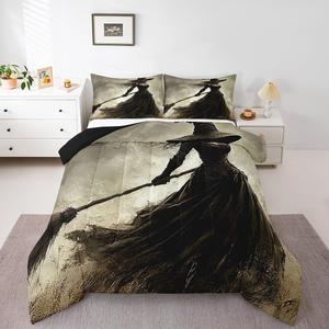 Erosebridal Комплект постельного белья Happy Halloween для детей с тематическим принтом ведьм и метел, Beige Grey Black