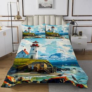 Erosebridal Комплект постельного белья Summer Ocean с принтом маяка и чаек в морском стиле, Blue White Red