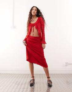 Юбка миди из сетчатой ​​ткани с флокированным узором вишневого цвета Reclaimed Vintage