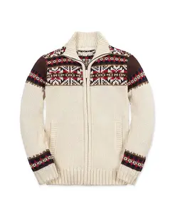 Мальчиковый органический свитер с длинным рукавом, молнией до низа, воротником стойкой и интарсией Hope & Henry, коричневый