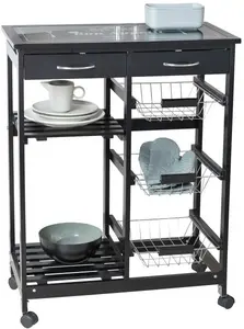 WENKO Тележка сервировочная "Приятного аппетита", верхняя полка с декоративным стеклянным изображением 67х86,5 см, цвет Gestell: Schwarz, Körbe: Silberfarben glänzend, Rollen: Schwarz