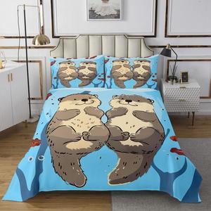 Erosebridal Комплект постельного белья Cartoon Otters с милыми морскими выдрами в сине-коричневых тонах, Multi 19