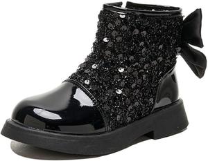 Блестящие ботильоны для девочек, модные западные ботинки с боковой молнией, панк-готика, ботинки с круглым носком, боевые ботинки, легко носить/снимать Generic, Black