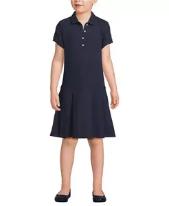 Школьное платье-поло для девочек с коротким рукавом, сетчатое, плиссированное Lands' End, синий