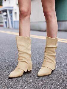 Женские сапоги Coutgo с отворотом до середины голени, свободного кроя, с заостренным носком, массивным каблуком, зимние западные сапоги на молнии, Beige