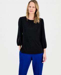 Женская блузка с круглым вырезом и рукавами 3/4 с кружевной отделкой, стандартный и укороченный размеры Kasper, Black