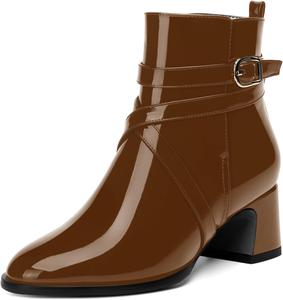 Женские офисные ботильоны MOVINSTEPS с пряжкой, милым круглым носком, ремешком на щиколотке, лаковой отделкой, массивным низким каблуком 2 дюйма, Brown