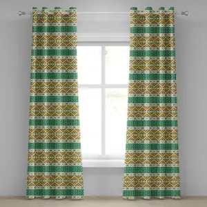 Цветная штора на люверсах ABAKUHAUS, с ярким узором в виде древнего племенного мотива, этническим принтом, декоративная двухпанельная штора, 280 см x 225 см, фисташковый зеленый, оранжевый Abakuhaus