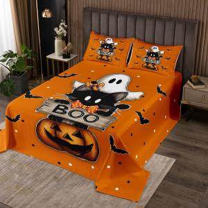 Erosebridal Комплект постельного белья Black Cat Halloween с принтом привидений тыкв летучих мышей и горошком, Orange,white,black